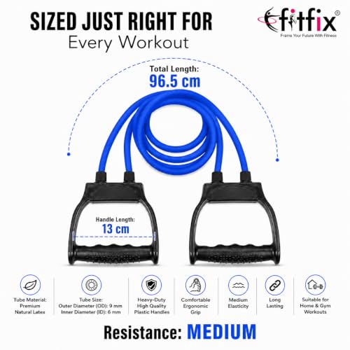 Image of Fitfix Resistance Tube Heavy Quality Exercise Band for Stretching, Full Body Workout, Home Gym and Toning for Men and Women (Double Tube -Light) 10 kg Blue Colour 22 lbs Strength