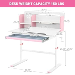 COSVALVE 39in Wide Adjustable Height Kids Desk with Tilting Desktop Steel Frame Drawer and Bookshelf Hutch Study Child Table for Ages 3 12 Pink