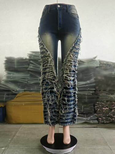 Women's Ripped Flared Jeans, Distressed Denim with Fringe Detailing, High-Rise, Denim, Dark Wash2