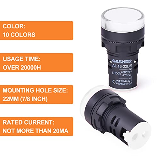 Gasher 12V/24V/110V 20Ma Energy Saving Indicator Light Mounting Hole Size 22Mm (7/8 Inch) White 10 Pcs #TOP4