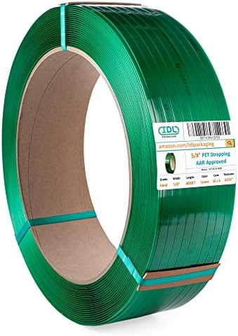 IDL Packaging 5/8" x .035" x 4000' Polyester (PET) Strapping Roll of 16" x 6" Core Size, 1400 lbs Break Strength, Green - UV, Water, and Rust Resistance - Affordable and Lightweight Poly Strapping