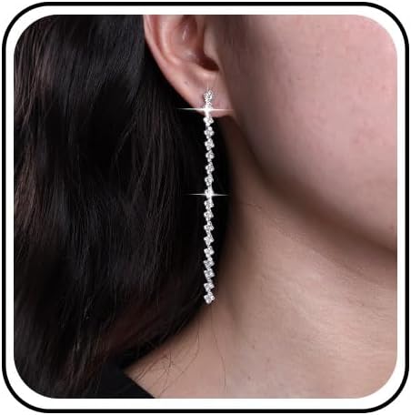 Rhinestone Tassel Drop Earrings Long Linear Dangle Earrings Gold Crystal Tennis Chain Earrings Sparkly Cubic Zirconia Wedding Earrings Jewelry for Women