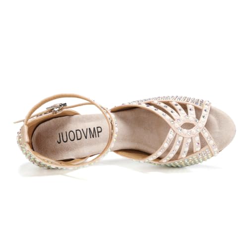 Image of JUODVMP Women's Latin Dance Shoes Rhinestones Satin Ballroom Dancing Shoes Salsa Professional Dance Shoes