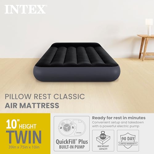 Image of Intex Dura-Beam Standard Pillow Top Airbed Comfortable Blow Up Portable Air Mattress with Built-in Electric Pump and Carrying Bag, Twin Size, Blue