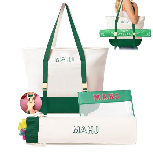 Mykng Nzw Empty Mahjong Tile Bags Set for American Tiles and Racks Canvas Tote Bag with Mat Holder Accessories Organizer Portable Mahjong Case Drawstring Protective Sleeve for Rack Pushers Green