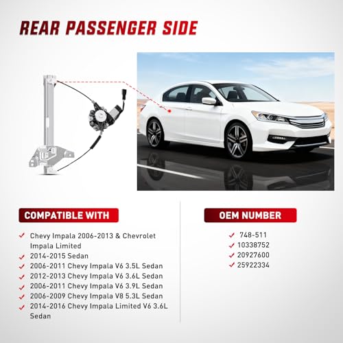 Image of Nilight Power Window Regulator /Motor Compatible with 2006 2007 2008 2009 2010 2011 2012 2013 Chevrolet Impala /Impala Limited 2014 2015 2016 Rear Passenger Side 748-511