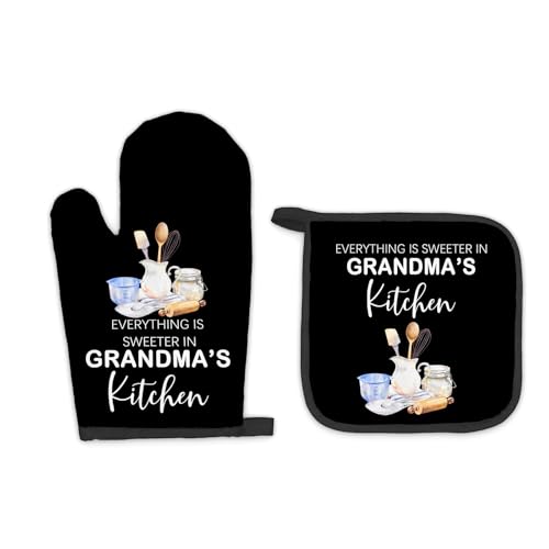 FIicy Grandma Gifts Oven Mitts and Pot Holders Sets, Gifts for Grandmas from Grandkids Kitchen Accessories Sets, Sweeter in Grandma’s Kitchen Heat Resistant Oven Glove Potholders for Kitchens Baking