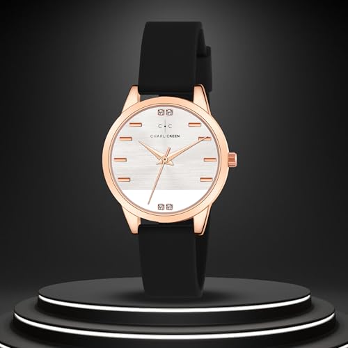 Image of CHARLIEKEEN Women's Elegant Watch with Rose Gold Case, Silicone Band, Crystal Accents, Analog Display