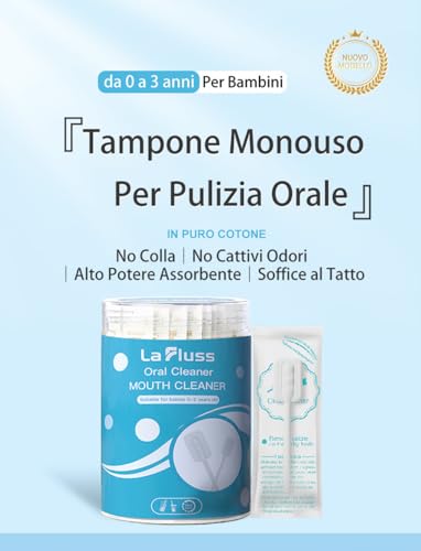 La Fluss 30 Pezzi Spazzolino Monouso Sterilizzati per Bambini e Neonati Pulizia lingua denti e gengive impacchettati singolarmente bastoncini pulizia cavo orale