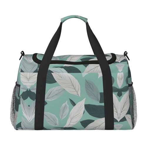 Mint Gray Leaves print Carry on Bag Underseat forTraveling Personal Item Bag Travel Duffel Bag Gym Bag for Women Men - Main Image