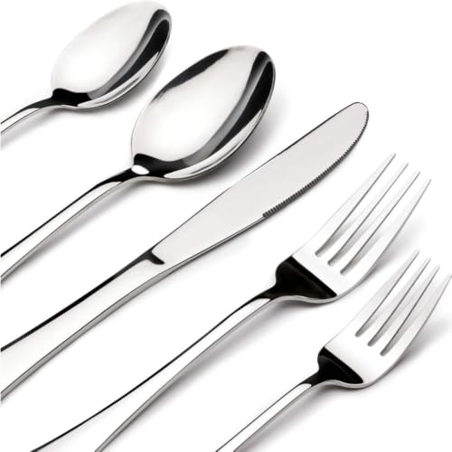 Image of 5 Pcs Silver Cutlery Set for Dining Table the Perfect Mirror Polish Hevy Duty Tableware Including Dinner Spoon, Dinner Fork, Dinner Knife, Dessert Spoon & Dessert Fork