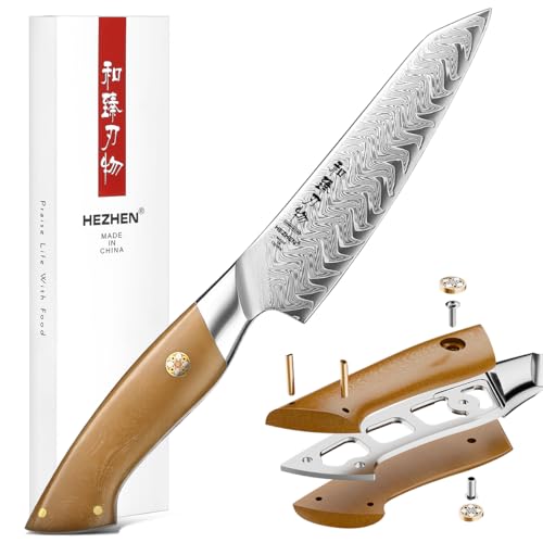 HEZHEN Kitchen Utility Knife, 5.5 Inches, 67 Layers Damascus Steel Small Chef Knife, Multifucational Paring Knife for Chefs and Home Cooking, Ultra-Sharp Blade with Linen Micarta Handle, Gift Packing