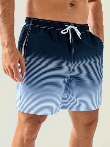 SweatyRocks Men's Striped Swim Trunks Drawstring Waist Summer Beach Shorts with Pockets3