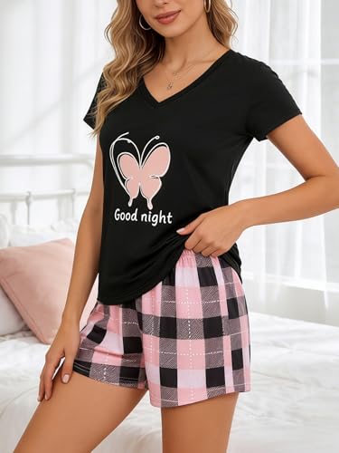 Image of VENTELAN Pajama Set For Women Cute PJS Summer Short Sleeve Shorts Sleepwear