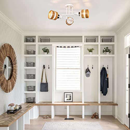 Contemporary 3-Light Ceiling Light, Wood Lampshade, Matte White Chandelier Ceiling Light For Hallway, Kitchen, Living Room, Laundry Room #TOP5