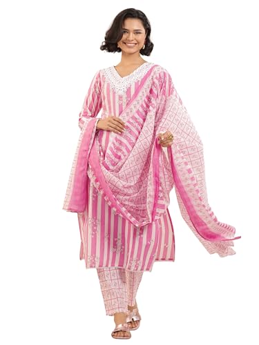 Image of Libas Womens Printed Cotton Straight Kurta With Trousers and Dupatta | daily wear suit