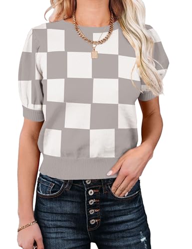 Image of Womens Puff Short Sleeve Sweater Tops Crewneck Basic Knit Pullover Lightweight Casual Sweaters