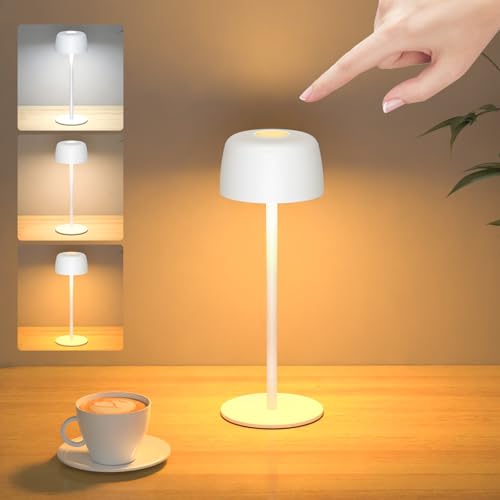 Lámpara de Mesa Inalámbrica Metal, H25cm Lámpara de Noche Recargable Brillo Ajustable 3 Temperaturas de Color, Lámpara de Escritorio IP54 Impermeable para Dormitorio, Exterior, Cafetería, Restaurante