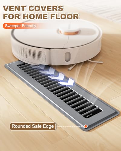 Image of 2 x 12 Floor Register, 4 Pack - Gray Vent Covers for Home Floor, Anti-Rust Coated Metal Surfaces with Adjustable Airflow Control Lever, Ideal for HVAC Systems, Living Room & Bedroom Floor Vents
