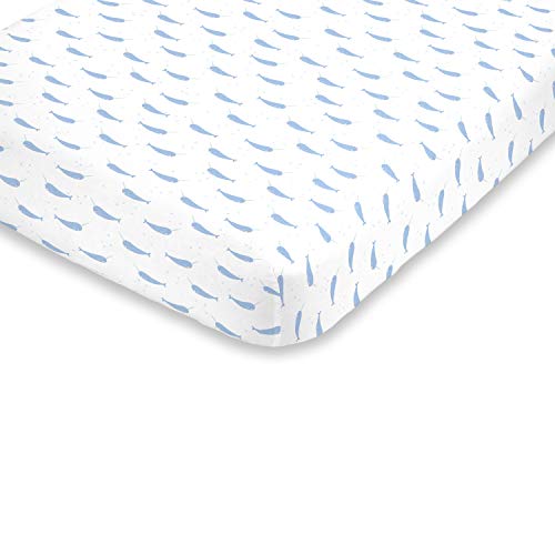 Image of NoJo Super Soft Blue & White Watercolor Narwhal Fitted Mini Crib Sheet, Blue, White