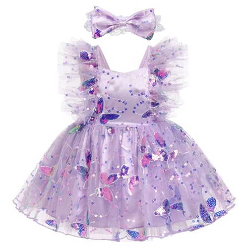 IMEKIS Toddler Butterfly Dress: First 1st 2nd 3rd Birthday Outfit Girl Shiny Sequin Tulle Dress Cake Smash Photoshoot Kids Princess Formal Spring Party Baby Pageant Dress Lilac Butterfly 12-18 Months