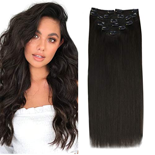 Sunny Dark Brown Clip in Hair Extensions 12 inch #2 Dark Brown Hair Extensions Clip in Human Hair Double Weft Full Head Clip in Extensions Dark Brown 7pcs 120g
