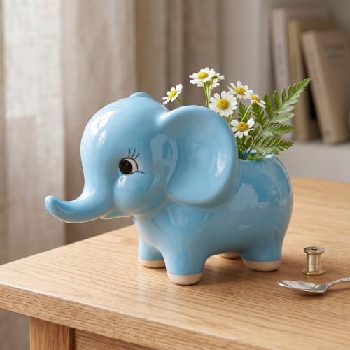 Image of Ceramic Elephant Shape Flower Vase & Succulent Planter (6-inch) | Cute Elephant Pot for Home Decor, Living Room, Office Desk & Gifting | Water-Resistant Vase for Natural Flowers (2, Sky Blue)