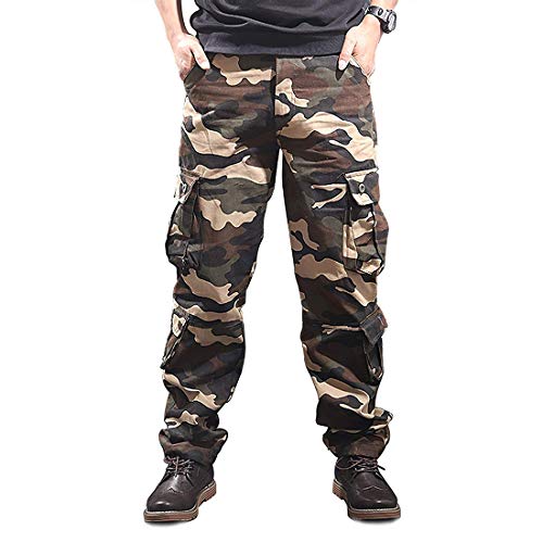 iCKER Pantalones cargo de ajuste relajado para hombre con varios bolsillos militares, camuflaje Amarillo Camuflaje amarillo 34W/32L
