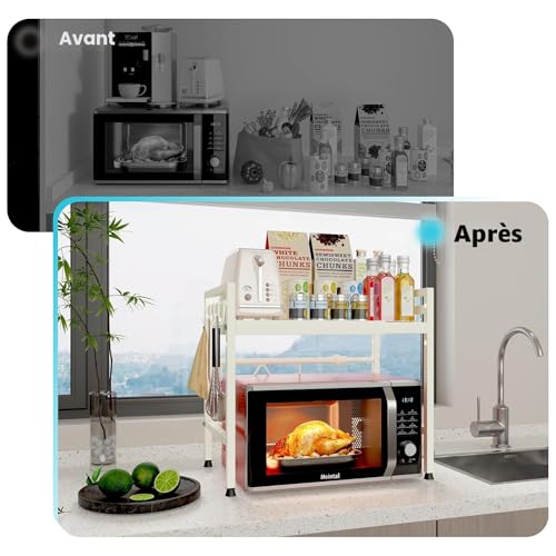 Support pour micro-ondes à 2 niveaux réglable avec 8 crochets de cuisine