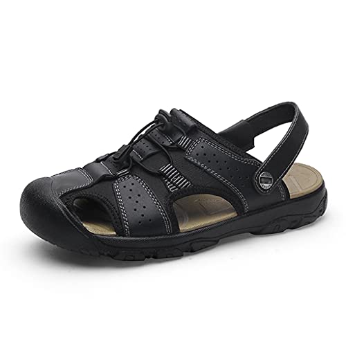 Veslexth Men's Outdoor Adjustable Closed Toe Sandals Leather Handmade Shoes Fisherman Anti-Slip Casual Sandal Fashion Water Breathable Slippers for Walking Trail Driving Travel