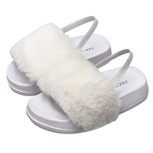 FEETCITY Girls Furry Sandals Faux Fur Slide Toddler Fuzzy Slippers Comfort with Elastic Strap 8.5 Toddler White