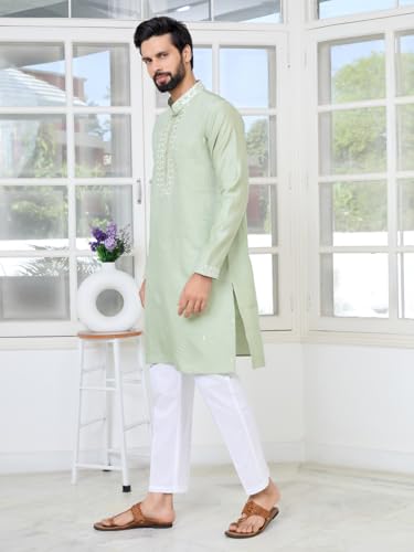 Image of See Designs Men's Full Sleeve Mandarin Collar Sequins Embroidered Chanderi Straight Long Kurta with Yoke Design - Festive Collection