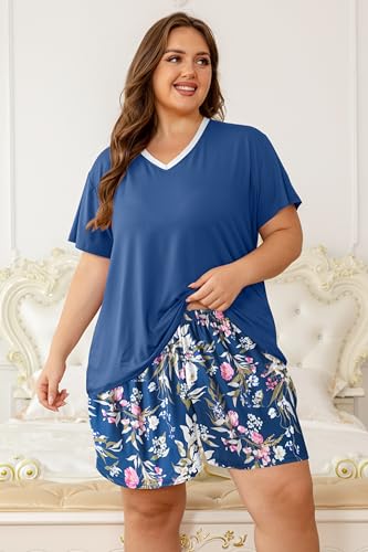 Image of Vozanet Women's Short Sleeve Top and Shorts Pajama Sets Plus Size V Neck Colorful Flower Nighty Loungewear With TWO Pockets