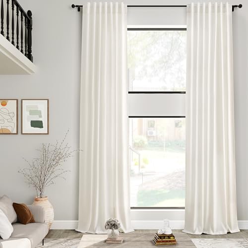 Image of Cream Linen Curtains 168 Inches Long for Living Room Extra Long Back Tab Curtains Neutral Farmhouse Light Filtering Semi Sheer Linen Drapes Ceiling to Floor for Large Window 2 Panels Set 52x168