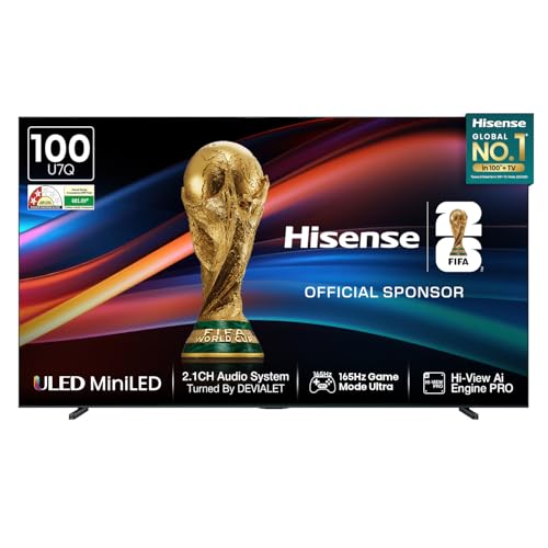 Image of Hisense 253 cm (100 Inches) 4K QLED Mini-LED Smart TV | 1000 NITS Peak Brightness | 165Hz Game Mode | Dolby Vision, Dolby Atmos | 2.1 CH 50W Speakers (Built-in Subwoofer) | VIDAA OS | 100U7Q (Black)