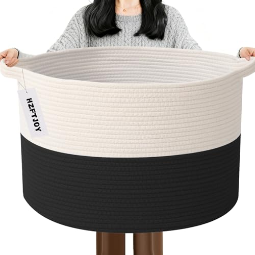 HZFTJOY 65L Large Blanket Basket,Woven Rope Laundry Basket Hamper with