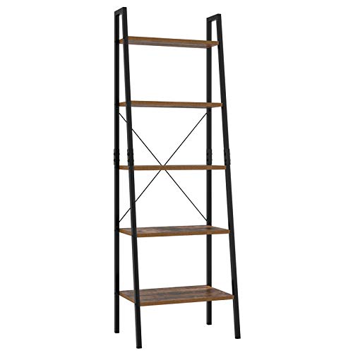Homfa Industrial Ladder Shelf, 5 Tier Bookshelf Plant Flower Stand Storage Rack Multipurpose Utility Organizer Shelves Wood Look Accent Metal Frame Furniture Home Office