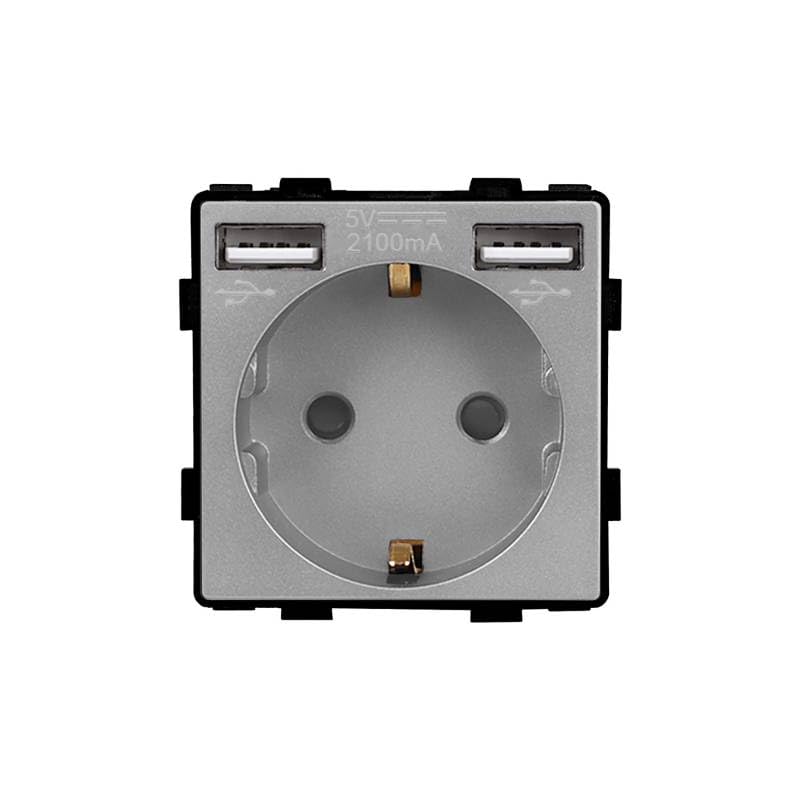 LEDBOX Base Enchufe EU tipo SCHUKO 16A + cargador rápido USB A+A KOOB, gris