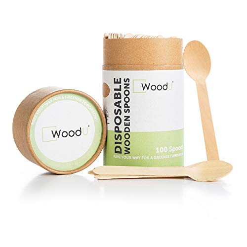 WoodU Disposable Wooden Spoons Natural Birch Wood Biodegradable and Compostable Utensils Cutlery Eco-Friendly Green- Smooth and round surface (Spoon 100 Pack)