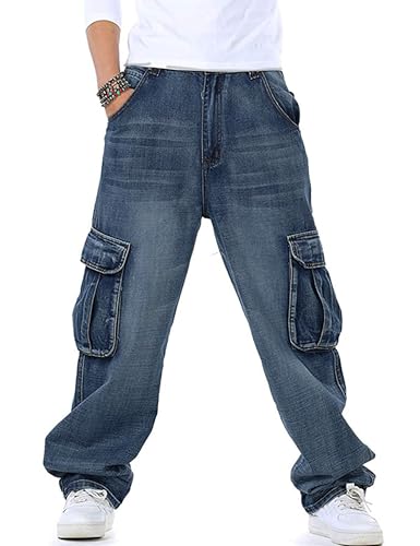 Yeokou Men's Casual Loose Hip Hop Denim Work Pants Jeans with Cargo Pockets2