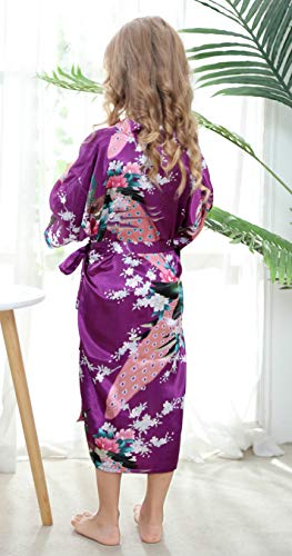 Timsophia Kids Satin Floral Kimono Robe-Flower Girl Bath Robe For Wedding Party Gift(Peacock Dpurple,10) #TOP5
