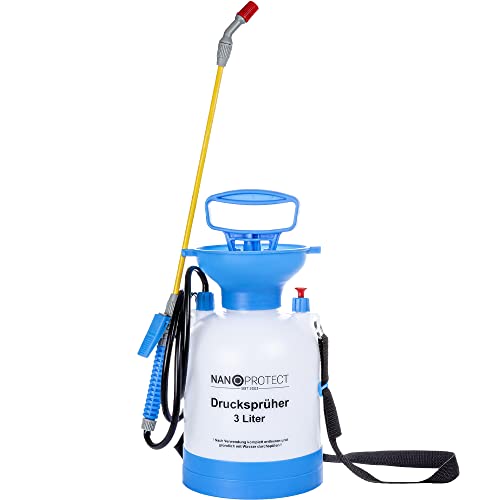 Nanoprotect Drucksprüher 3 L | Universelle Sprühflasche für Essigsäure, Wasser, Dünger und mehr | Mit Schlauch, Tragegurt und Verstellbarer Düse, Weiß, Gelb, Blau