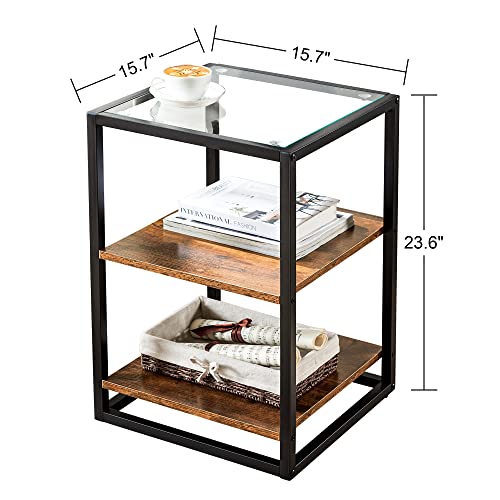Nightstand End Side Table, Modern Bedside Table With Glass Top And Storage Shelf, 3-Tier Wooden Night Stands Tall Accent Table For Bedroom/Living Room, Rustic Brown #TOP2
