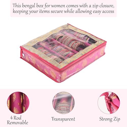 Image of Kuber Industries Transparent 4 - Rod Removable Bangle Organisers Storage Box with Zip | Wedding Jewellery Organizer Case & Bangle Box for Women with Small Mirror | Mor Pankh Print -Pink