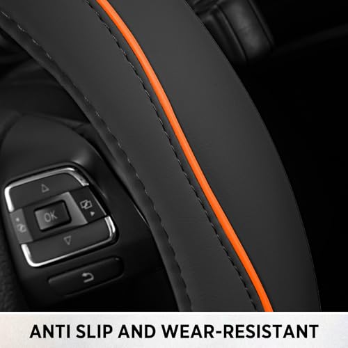 Road Comforts Leather Steering Wheel Cover with Decorative Trim and Piping, Anti-Slip Breathable Design, Fits 14.5–15 Inch Round Steering Wheels, Snug Fit, Stylish Interior Upgrade - Orange by Road Comforts - Used condition - Image 7