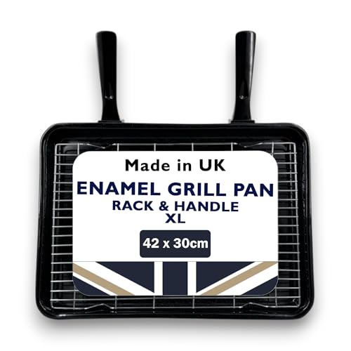 Vitreous Enamel Universal Grill Pan & Handle Grill Pan for Oven Oven Tray Oven Pan Tray with Rack Pan Handle UK Made for Caravan Campervans Ovens & Grills (XL 42 x 30 cm)