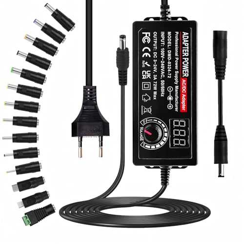 Adaptador de Corriente Universal 3A 72W, Indmird 3V-24V Fuente de alimentación Universal 100V-240V AC a DC Adaptador Universal con 14 Conectores y Cable de Polaridad Inversa para Cámara CCTV Enrutador