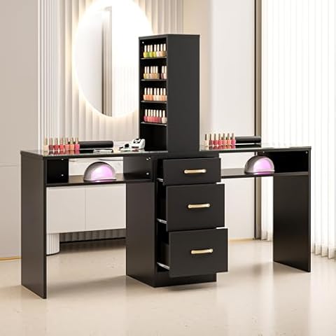 Paddie Double Manicure Table, Nail Desk for Nail Tech w/Glass Top & Wrist Rest, Nail Beauty Workstation w/3 Storage Drawers & 8-Tiers Open Shelves(Black) Cover