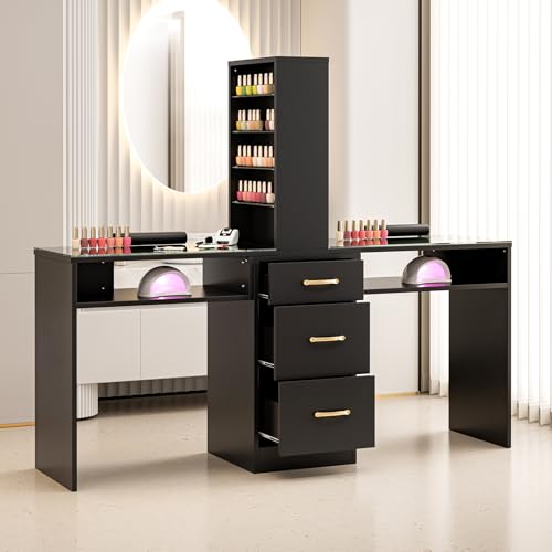 Paddie Double Manicure Table, Nail Desk for Nail Tech w/Glass Top & Wrist Rest, Nail Beauty Workstation w/3 Storage Drawers & 8-Tiers Open Shelves(Black)
