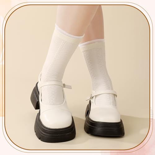 Image of 5 Pair Beige Cute Cottagecore Floral Lace Ruffle Women's Socks Kawaii Cable Knit Frilly Ankle Socks 5-9